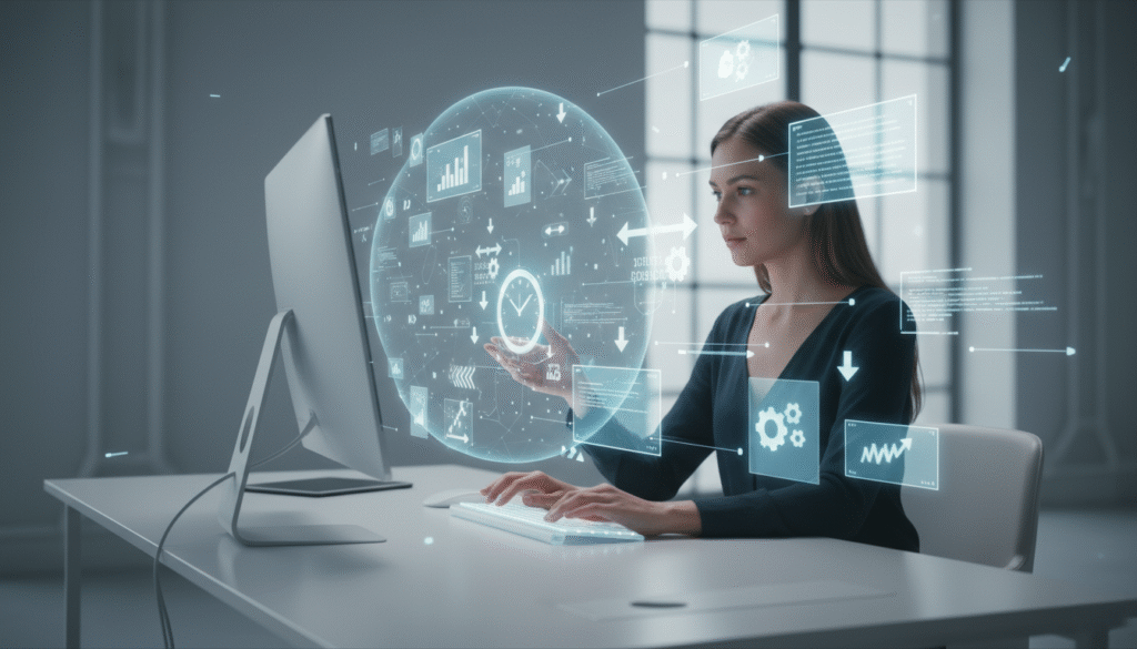 modern header image showing a busy freelancer or entrepreneur working efficiently at a computer surrounded by futuristic AI interface elements (floating icons, charts, holographic automation visuals). The overall feeling should be time-saving, intelligent, and sleek