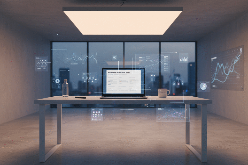 Professional workspace showing how to write business proposal 2025 with a modern digital layout.