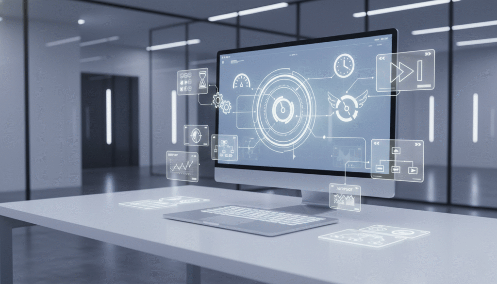 Hero image showing digital tools that save time for boosting productivity.