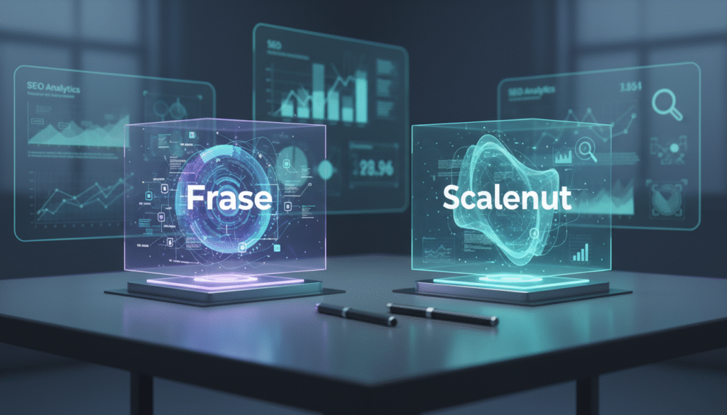realistic digital illustration showing two futuristic AI content tools represented as holographic interfaces — one labeled “Frase” and the other “Scalenut” — displayed side by side on a sleek workspace desk. The background should feel modern and tech-driven, with subtle glowing charts and SEO analytics on transparent screens. The lighting should be soft and blue-toned, giving a professional yet cutting-edge atmosphere.