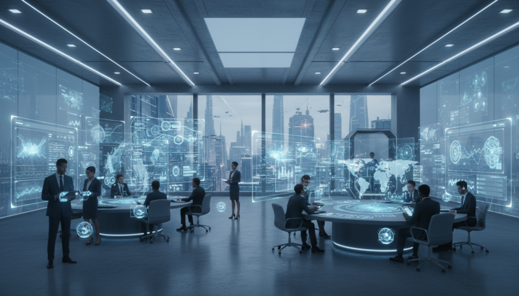 A futuristic digital marketing office with holographic screens showing AI analytics, graphs, and creative tools. People collaborating with AI assistants and smart devices. Bright, modern lighting, cinematic composition, ultra-realistic 8K.