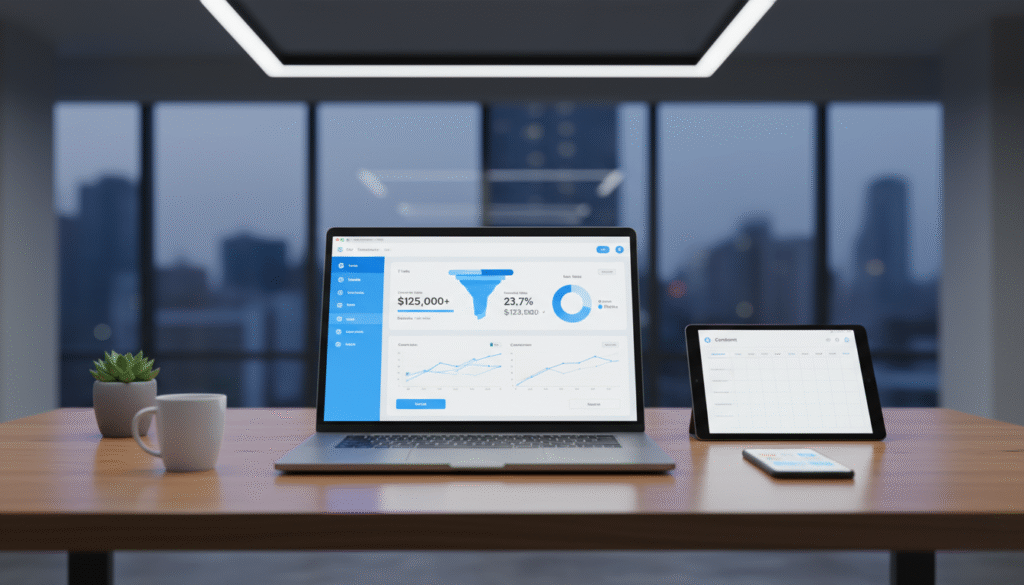 A sleek, modern digital marketing workspace featuring a laptop displaying a sales funnel dashboard with analytics charts, conversion metrics, and bright blue tones. Professional lighting, realistic photography style, with a subtle ClickFunnels-like interface