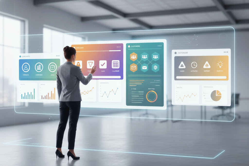 Small business owner comparing software dashboards to choose best CRM for small business