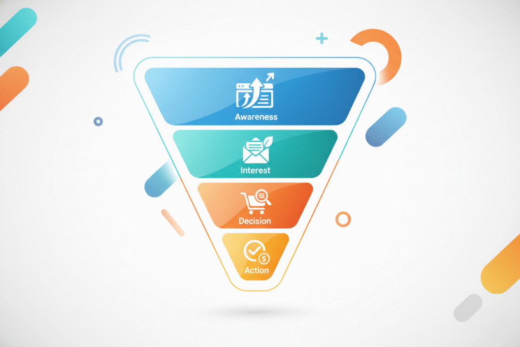 diagram showing what is a sales funnel with stages awareness, interest, decision, action