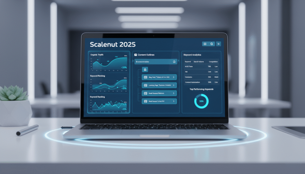 modern hero image showing a laptop screen with an AI-powered SEO dashboard labeled “Scalenut 2025.” The interface should display graphs, content outlines, and keyword analytics. Add subtle futuristic lighting, with blue and white tones, representing innovation and clarity. Style it like a professional SaaS website header, minimal and realistic — no text overlays, no people, only the interface and workspace.