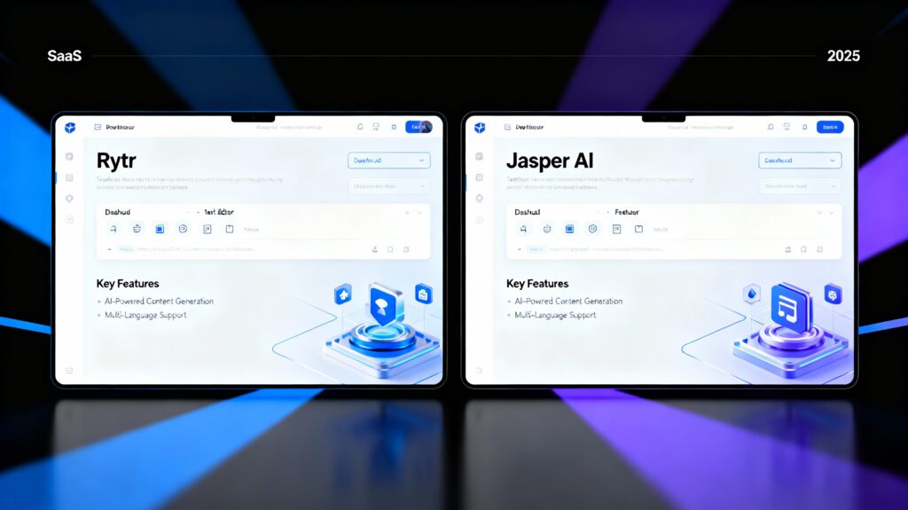 rytr vs jasper split-screen comparison graphic 2025